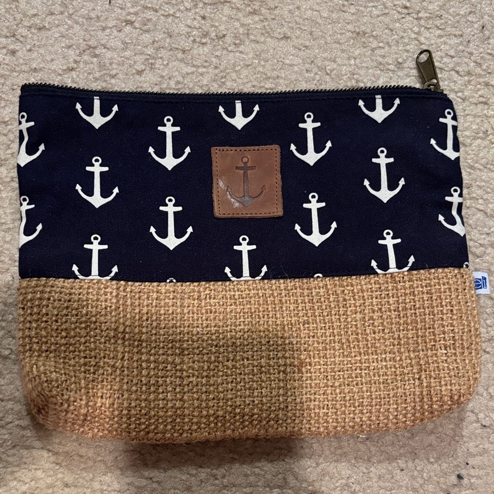 Nautical Anchor Canvas & Burlap Zip Pouch